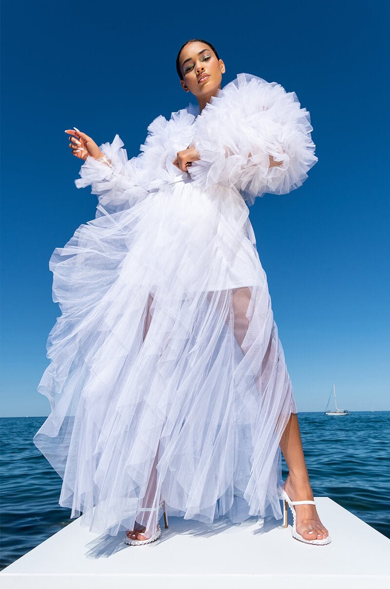 Side View Modern Royalty Layered Mesh Maxi Skirt