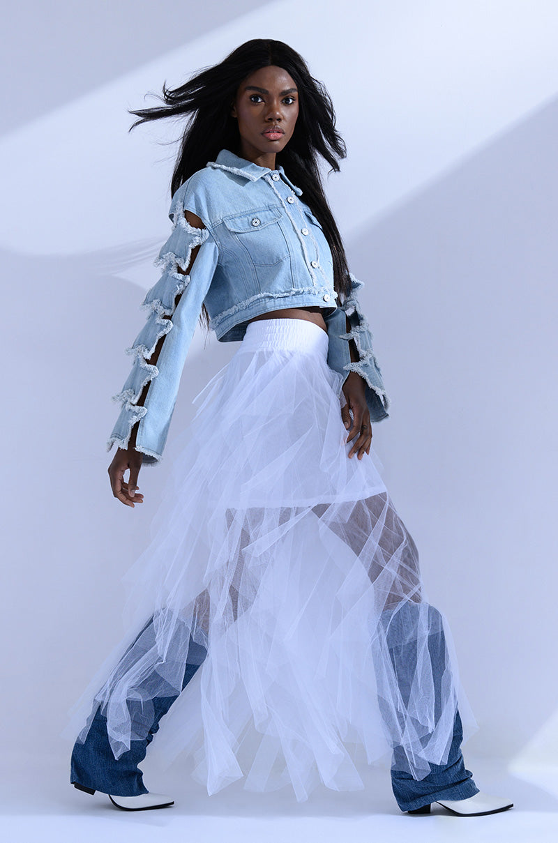 Side View Modern Royalty Layered Mesh Maxi Skirt