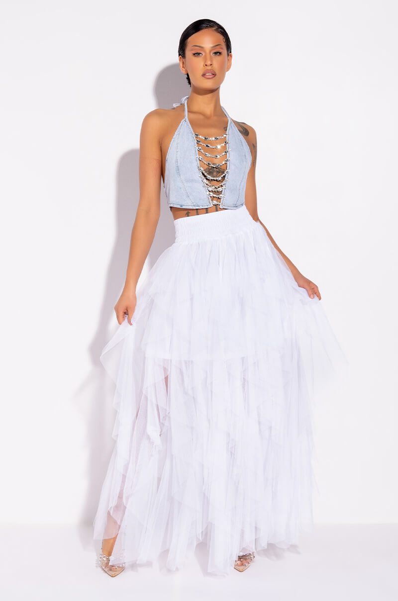 Side View Modern Royalty Layered Mesh Maxi Skirt