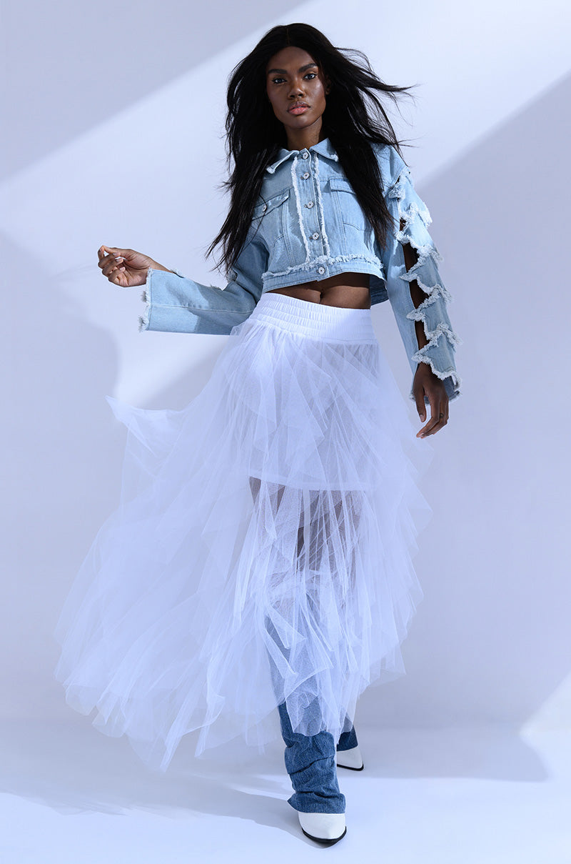 Back View Modern Royalty Layered Mesh Maxi Skirt