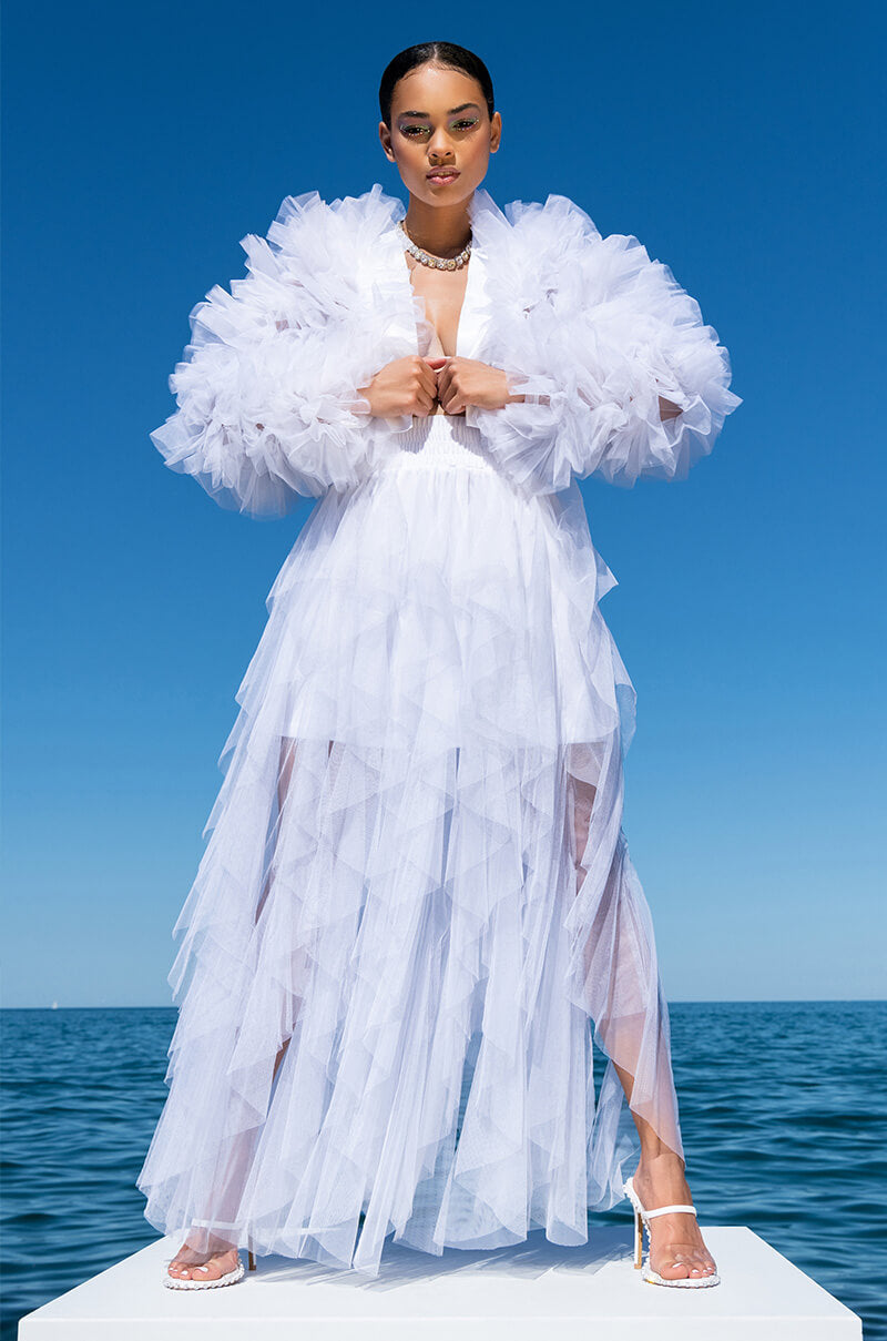 Back View Modern Royalty Layered Mesh Maxi Skirt