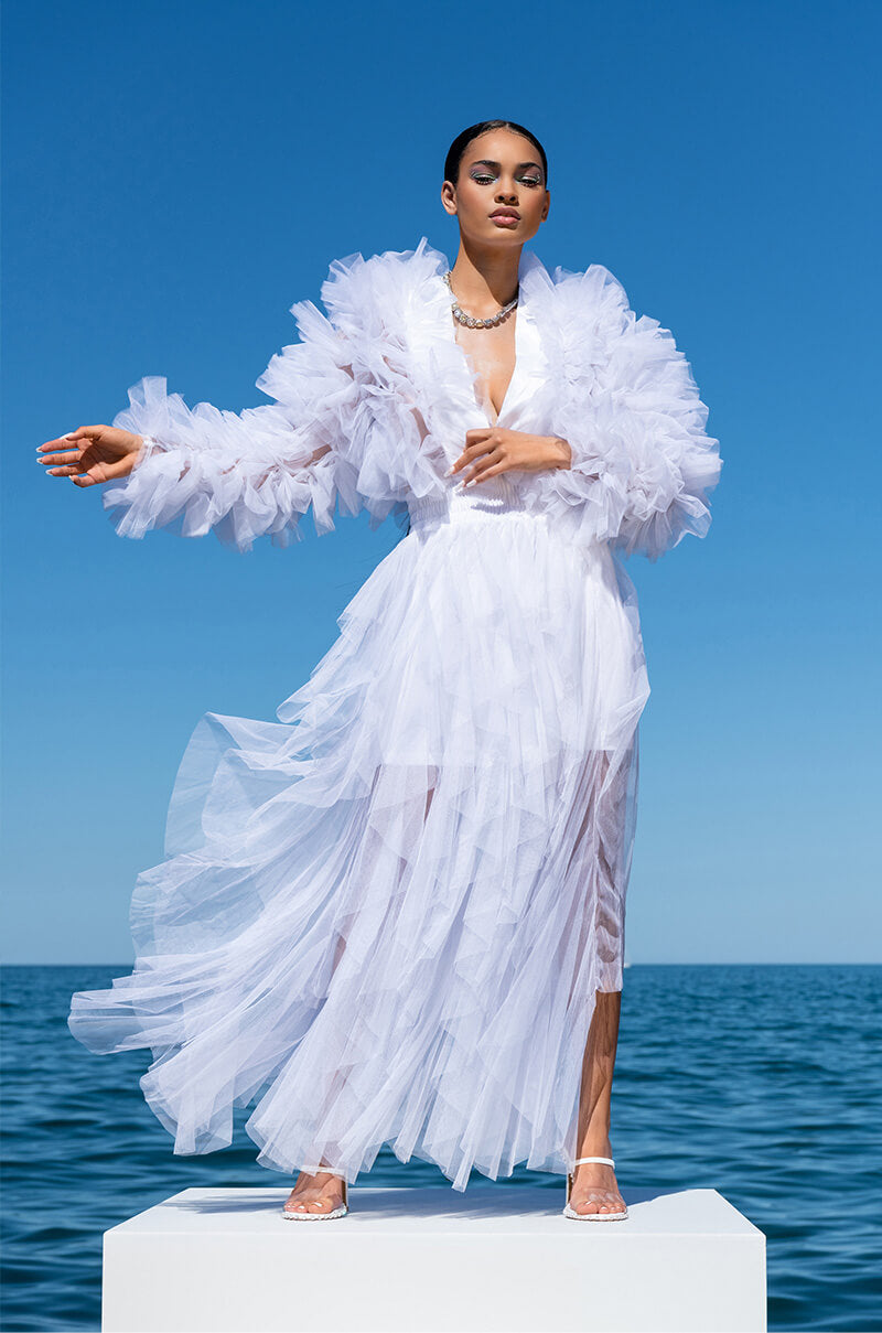 Detail View Modern Royalty Layered Mesh Maxi Skirt