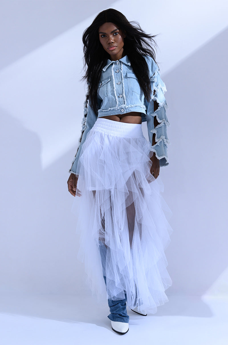 Detail View Modern Royalty Layered Mesh Maxi Skirt