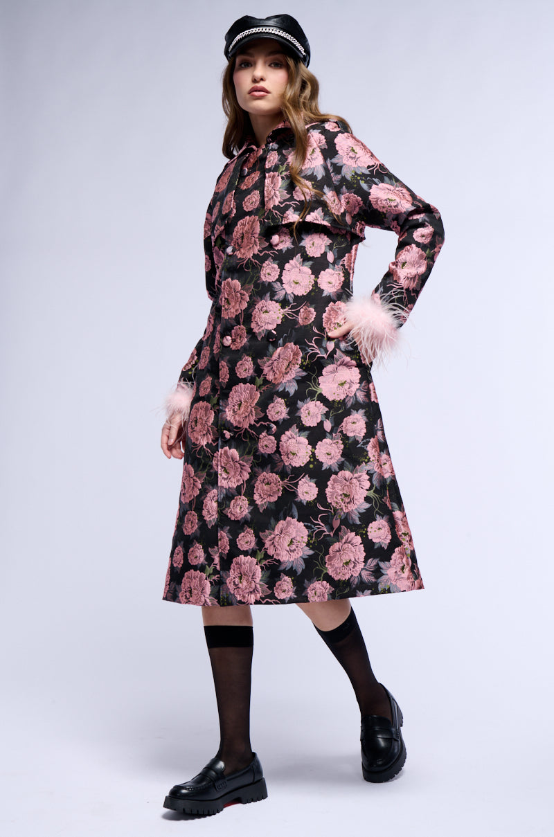 Detail View Momma Is Always Right Floral Trench With Feathers