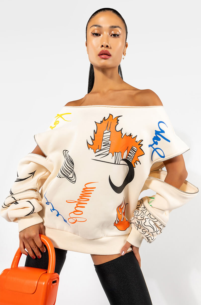 Front View Mondrian Off The Shoulder Oversized Sweatshirt