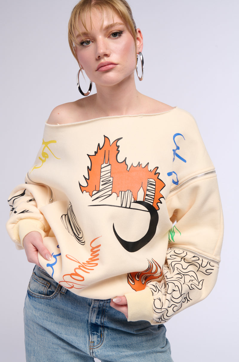 Side View Mondrian Off The Shoulder Oversized Sweatshirt