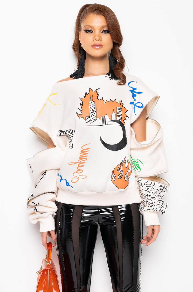Back View Mondrian Off The Shoulder Oversized Sweatshirt