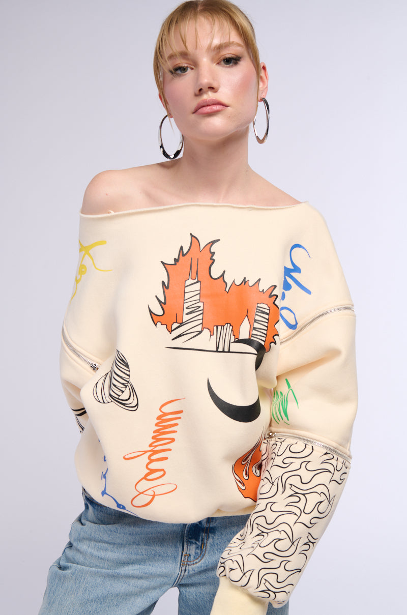 Back View Mondrian Off The Shoulder Oversized Sweatshirt