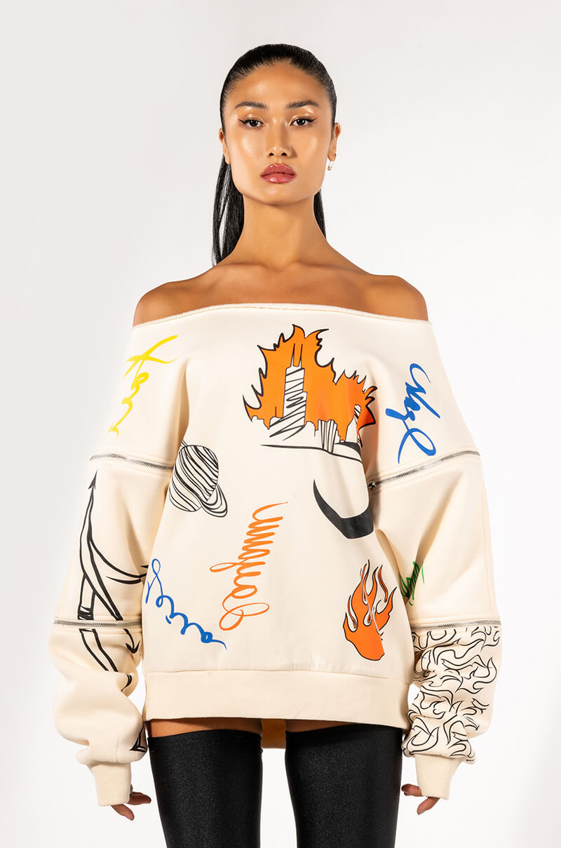 Back View Mondrian Off The Shoulder Oversized Sweatshirt