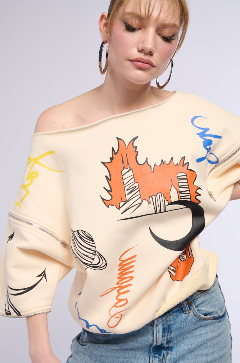Full View Mondrian Off The Shoulder Oversized Sweatshirt