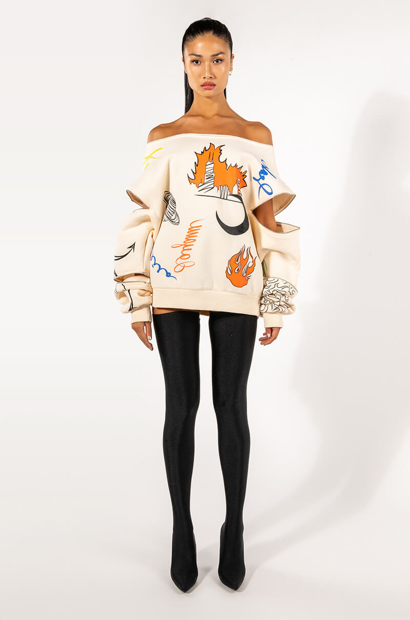 Extra View Mondrian Off The Shoulder Oversized Sweatshirt