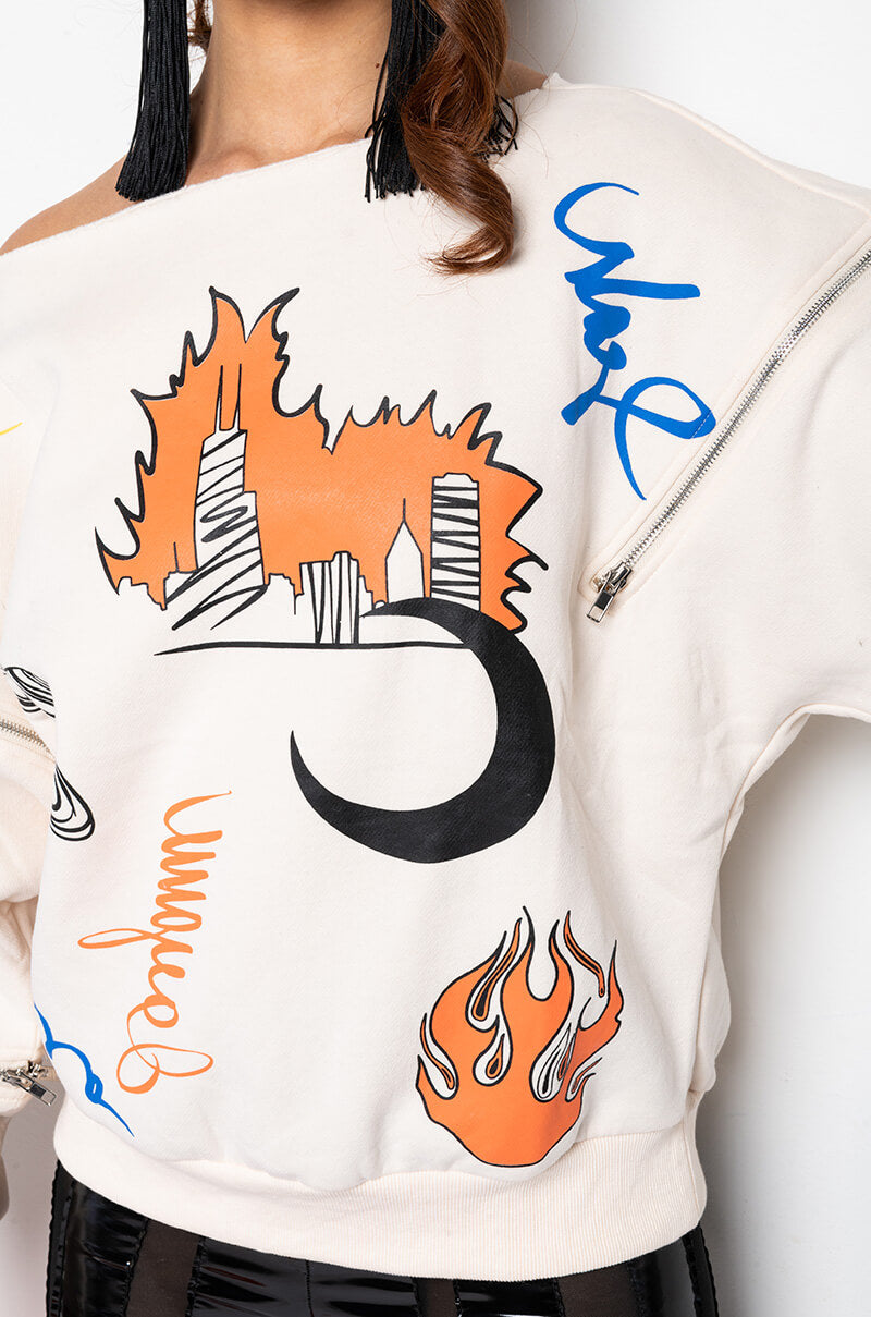 Extra View Mondrian Off The Shoulder Oversized Sweatshirt