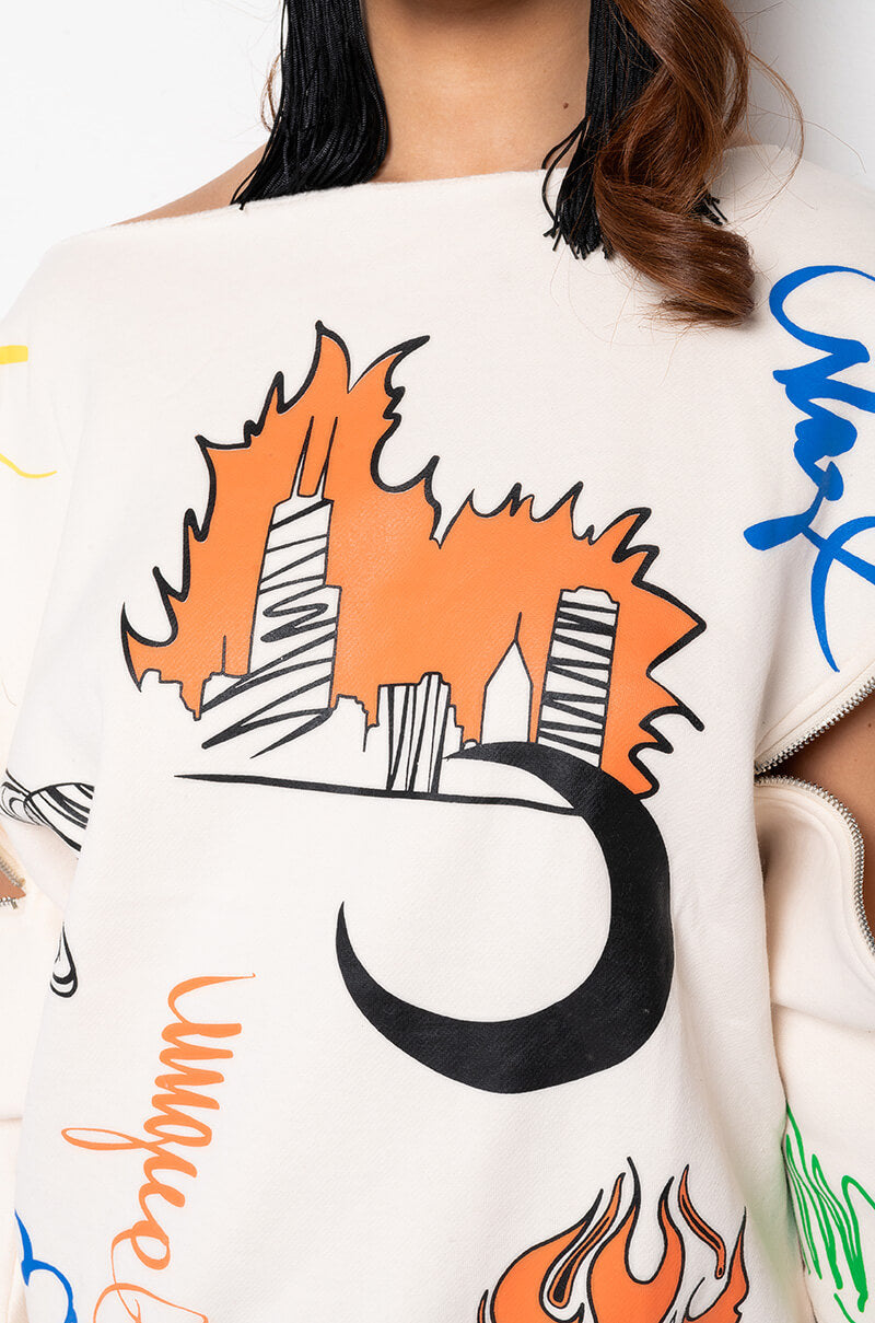 Extra View Mondrian Off The Shoulder Oversized Sweatshirt