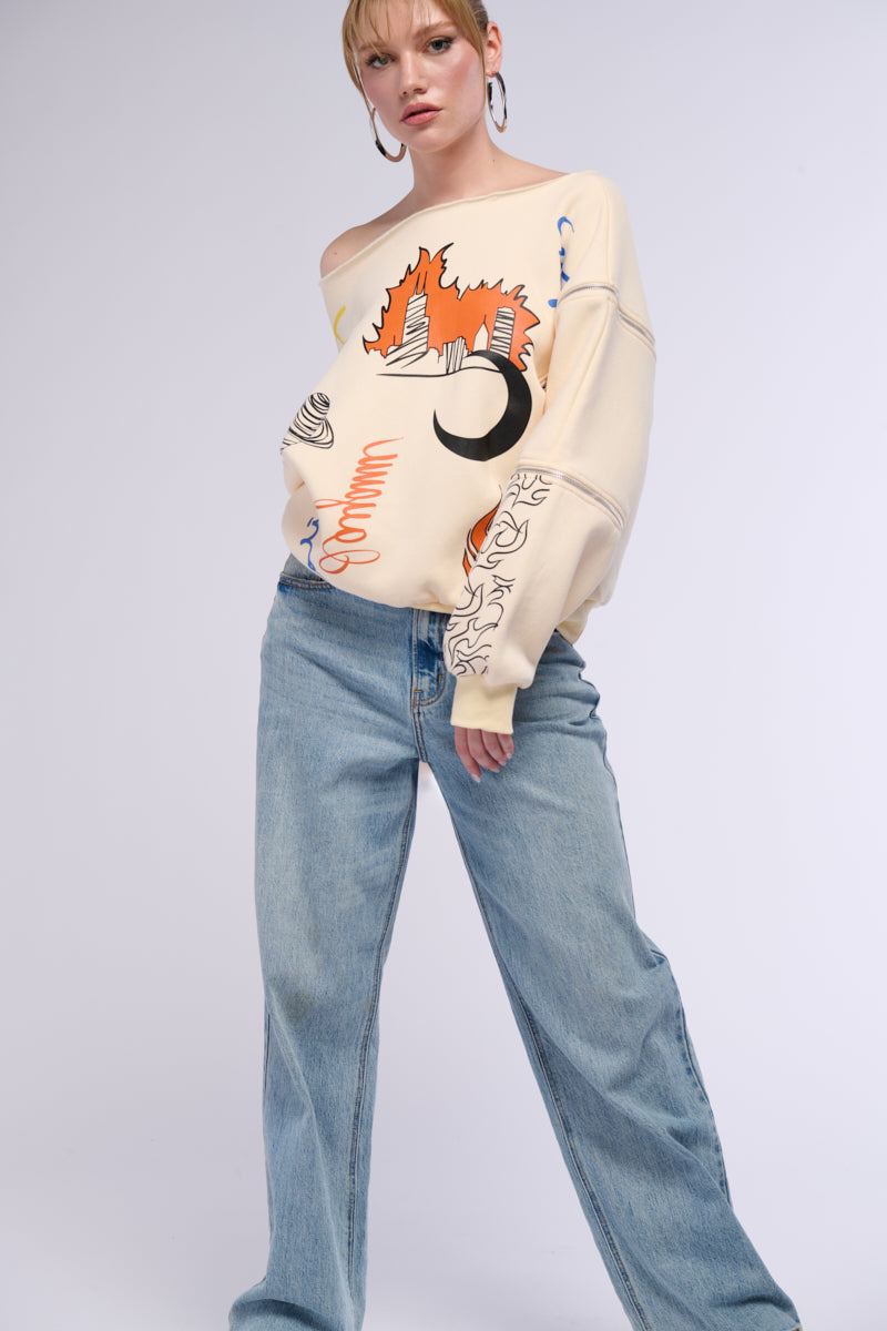 Extra View Mondrian Off The Shoulder Oversized Sweatshirt
