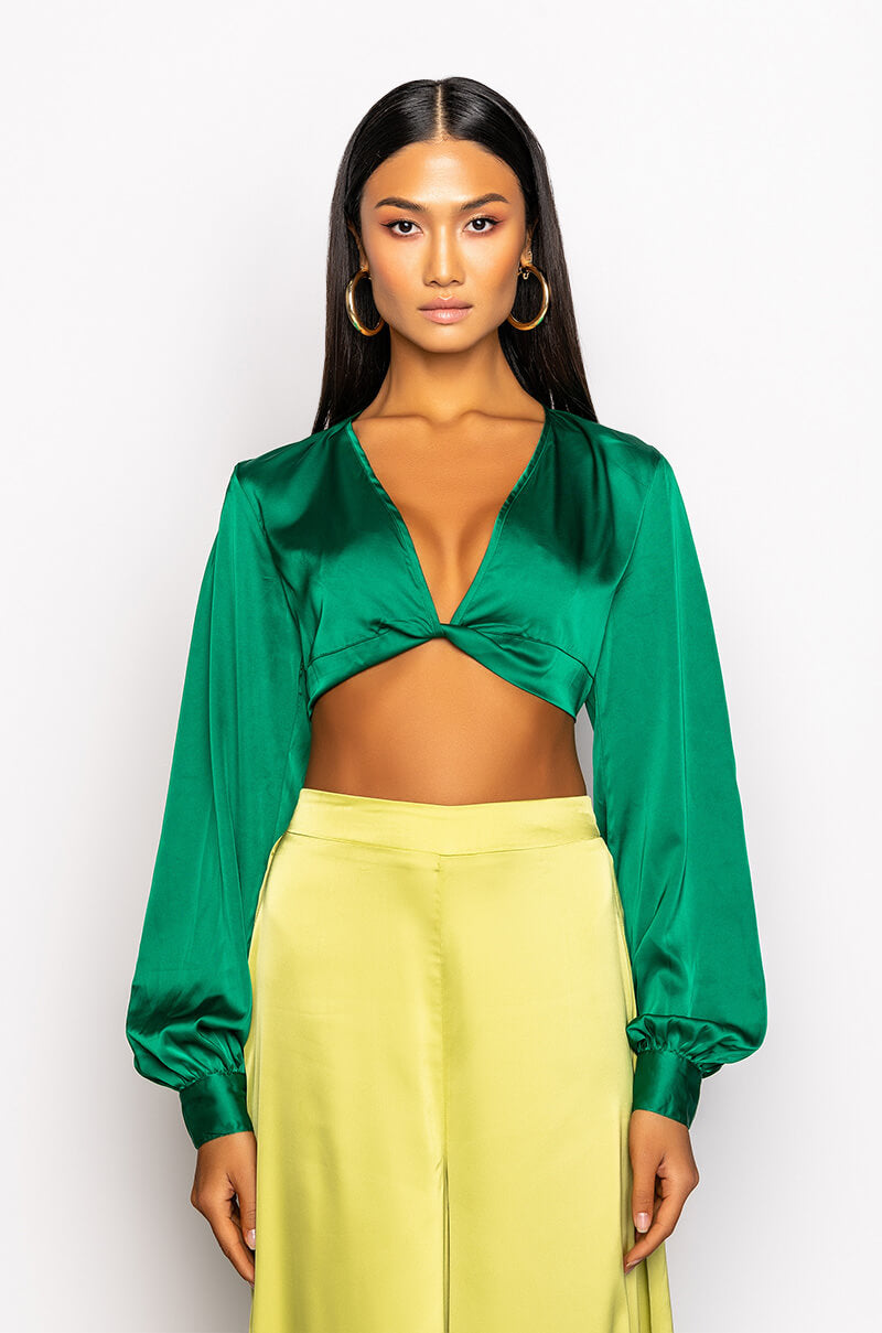 Back View Money Is The Motive Satin Twist Front Cropped Blouse