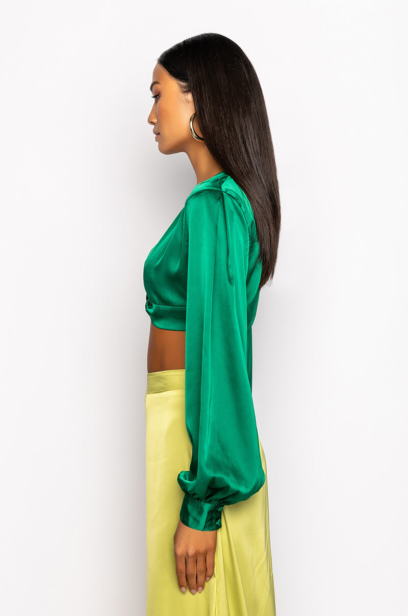 Detail View Money Is The Motive Satin Twist Front Cropped Blouse