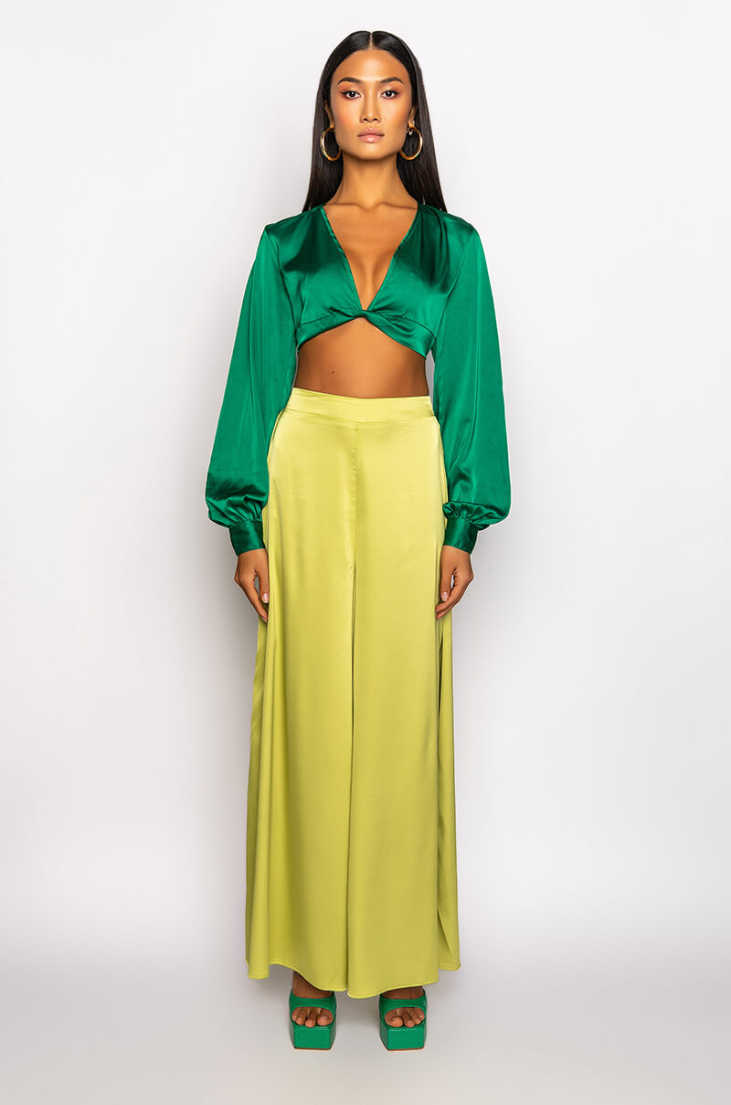 Extra View Money Is The Motive Satin Twist Front Cropped Blouse