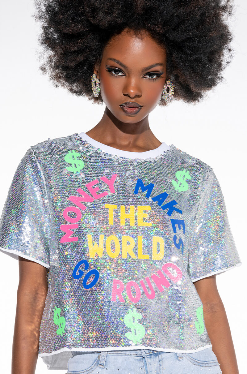 MONEY MAKE THE WORLD GO ROUND SEQUIN CROPPED SHIRT view 0