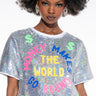 Front View Money Makes The World Go Round Sequin Cropped Shirt