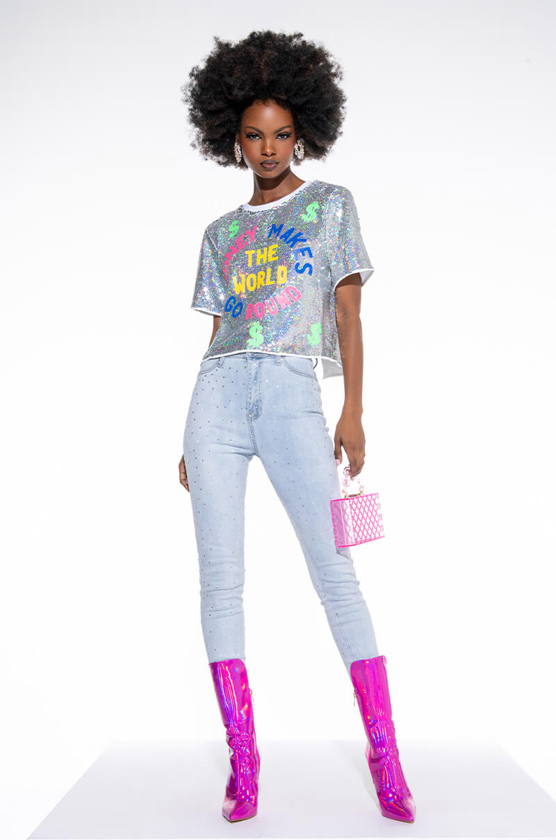 Back View Money Makes The World Go Round Sequin Cropped Shirt