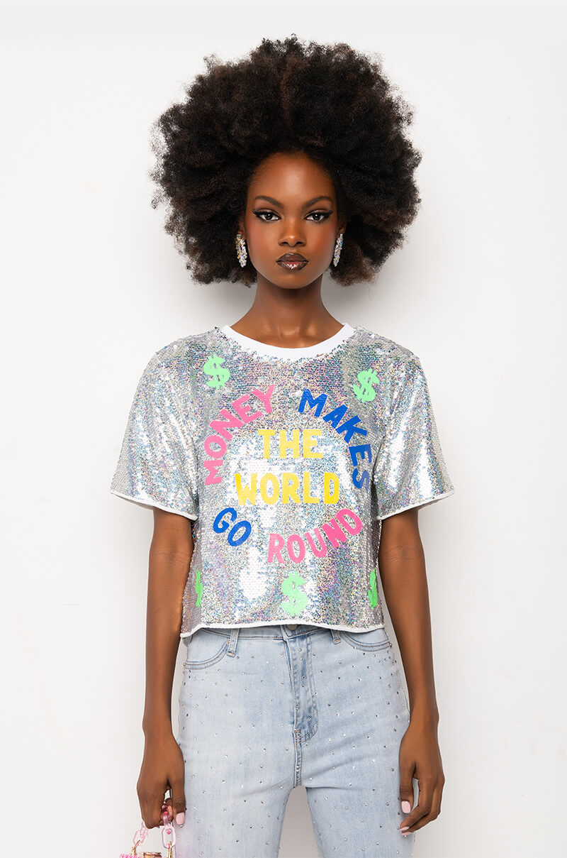 Detail View Money Makes The World Go Round Sequin Cropped Shirt
