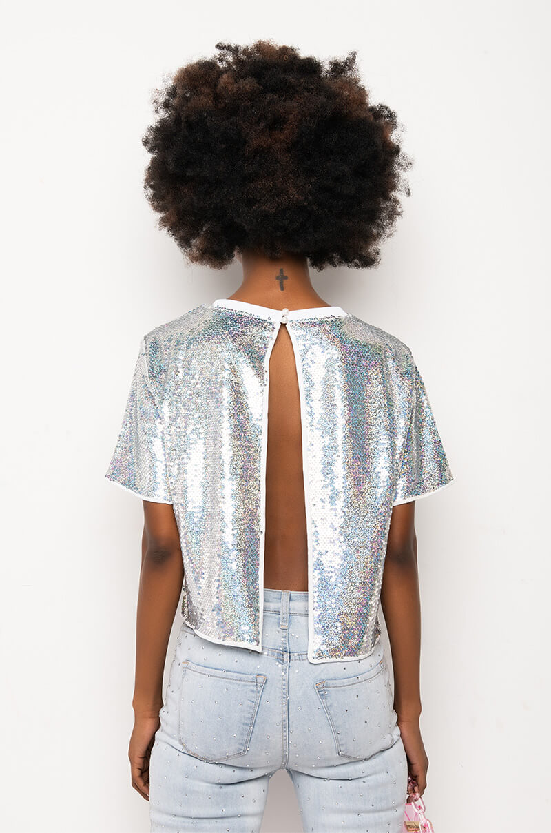 Extra View Money Makes The World Go Round Sequin Cropped Shirt