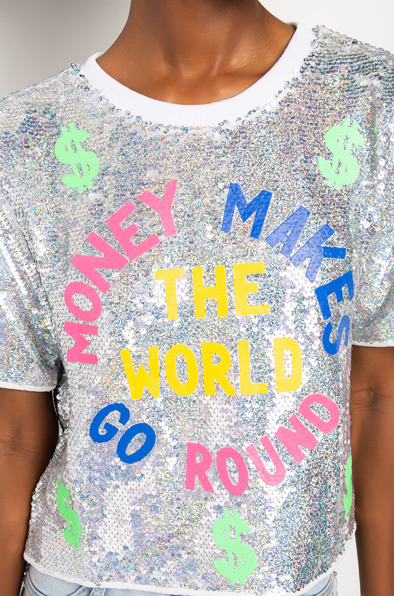 Extra View Money Makes The World Go Round Sequin Cropped Shirt