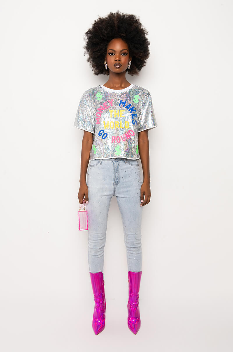 Extra View Money Makes The World Go Round Sequin Cropped Shirt
