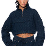 Front View Monte Cozy Knit Pocket Detail Half Zip Crop Sweatshirt In Blue 