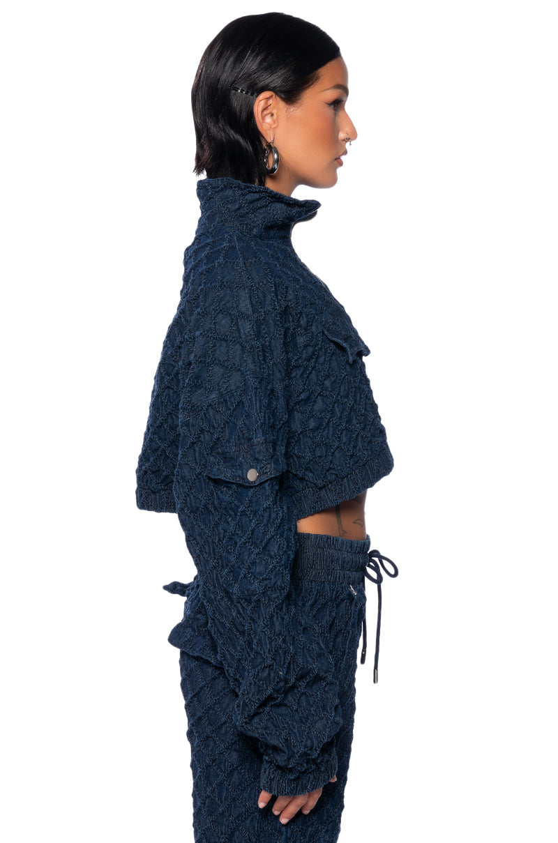 Back View Monte Cozy Knit Pocket Detail Half Zip Crop Sweatshirt In Blue 
