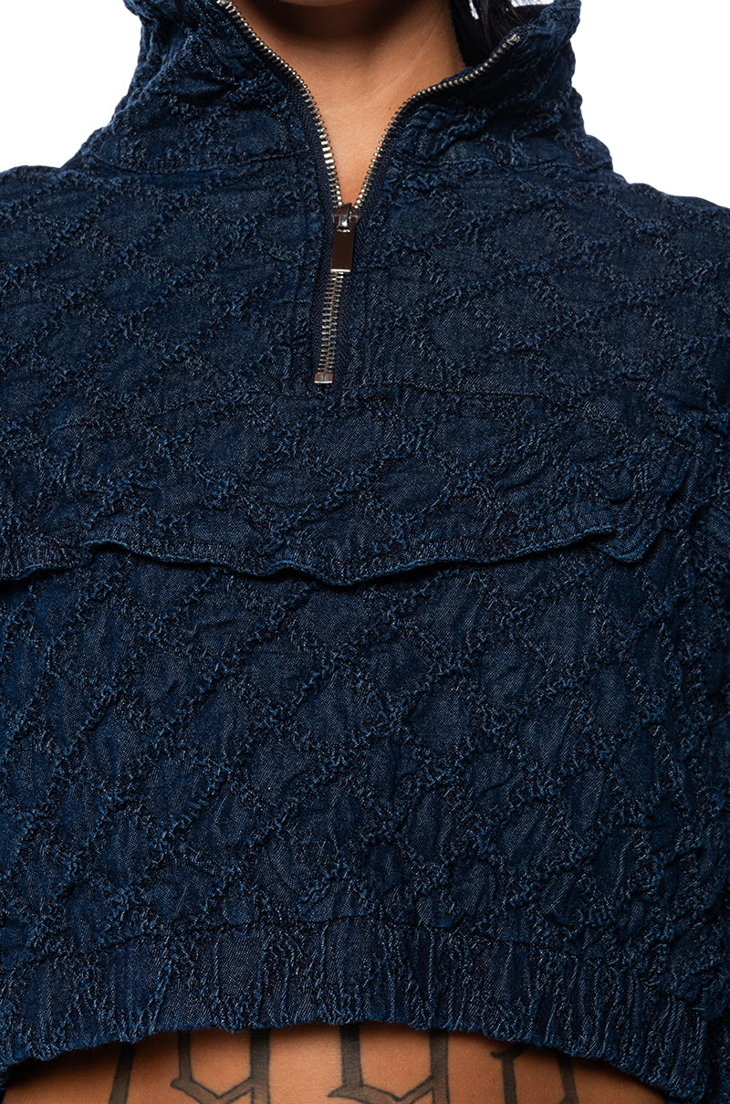 Full View Monte Cozy Knit Pocket Detail Half Zip Crop Sweatshirt In Blue 