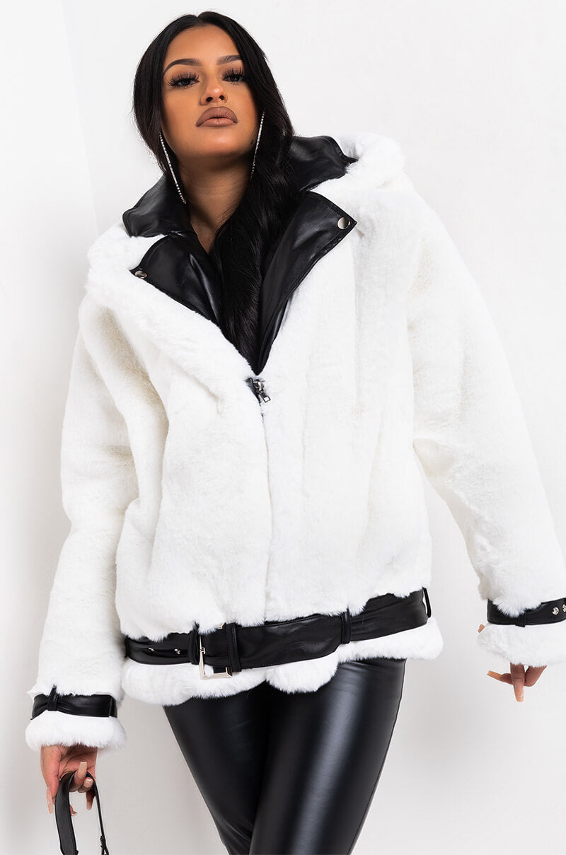 Side View Montego Faux Fur Biker Jacket in White