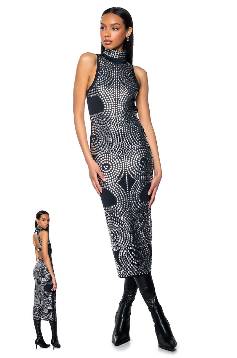 Back View Moon Illusion Studded Open Back Maxi Dress