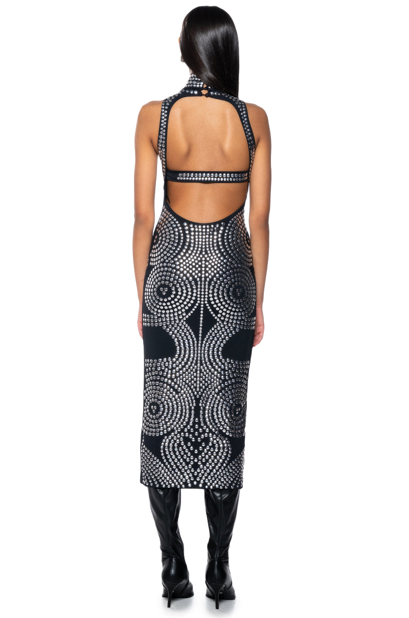 Full View Moon Illusion Studded Open Back Maxi Dress