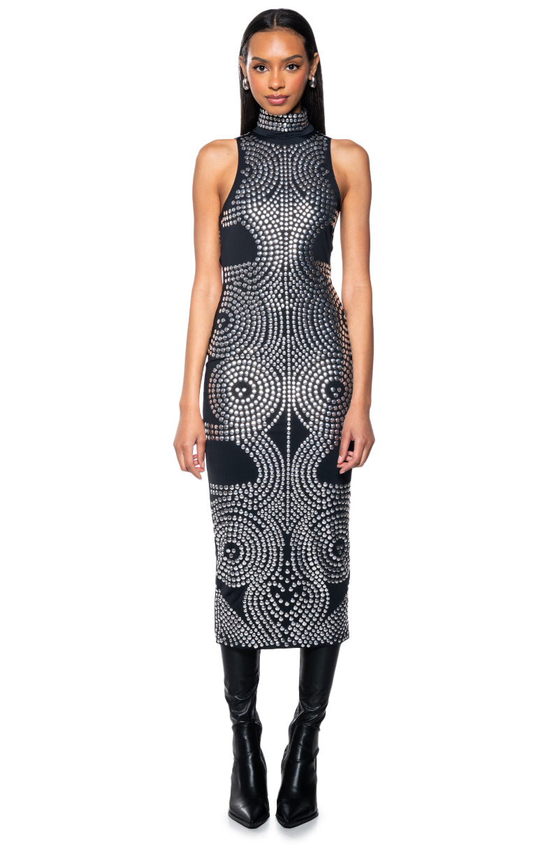Extra View Moon Illusion Studded Open Back Maxi Dress