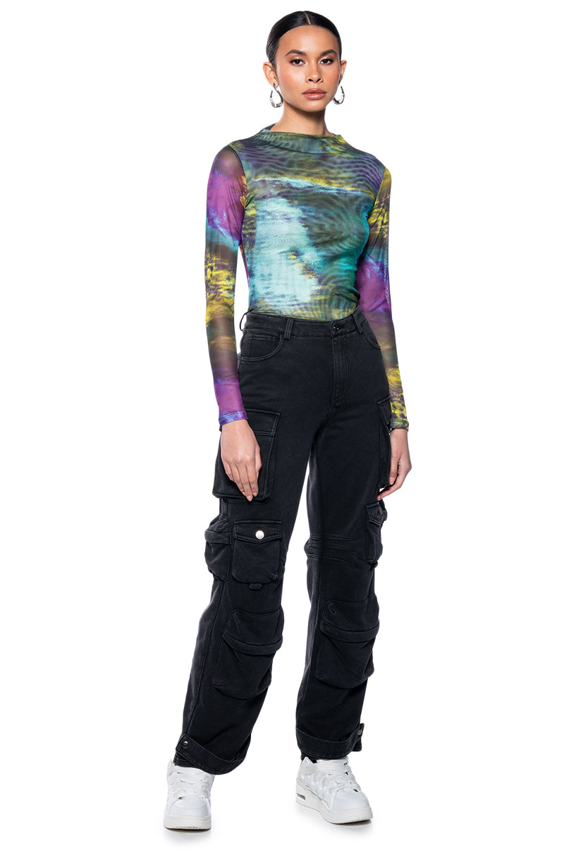 Side View Moonlight Haze Mock Neck Long Sleeve Mesh Bodysuit