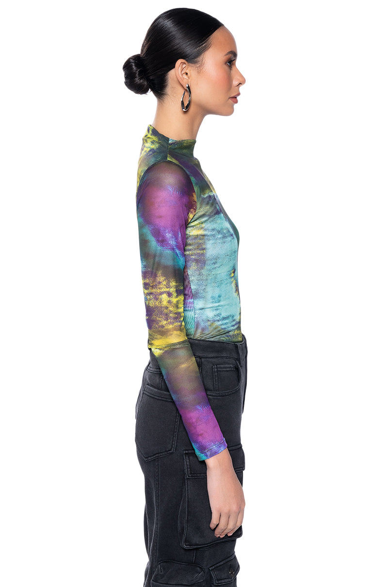 Back View Moonlight Haze Mock Neck Long Sleeve Mesh Bodysuit