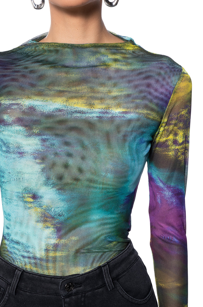 Full View Moonlight Haze Mock Neck Long Sleeve Mesh Bodysuit