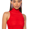 Front View Mora Mock Neck Mesh Top In Red