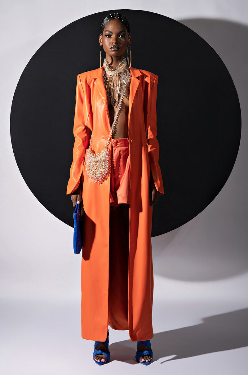 Front View More Life Orange Cut Out Pleather Trench