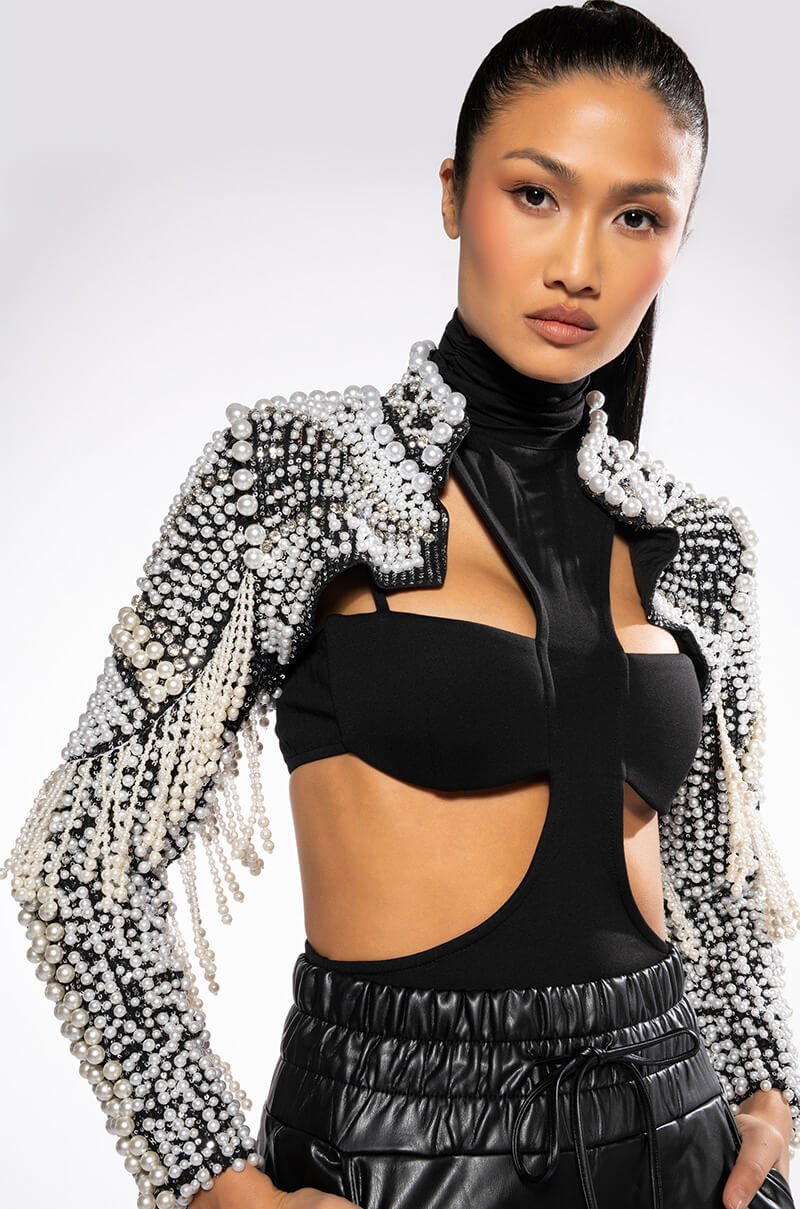 Front View More Luxury Please Pearl Rhinestone Beaded Fringe Bolero Jacket