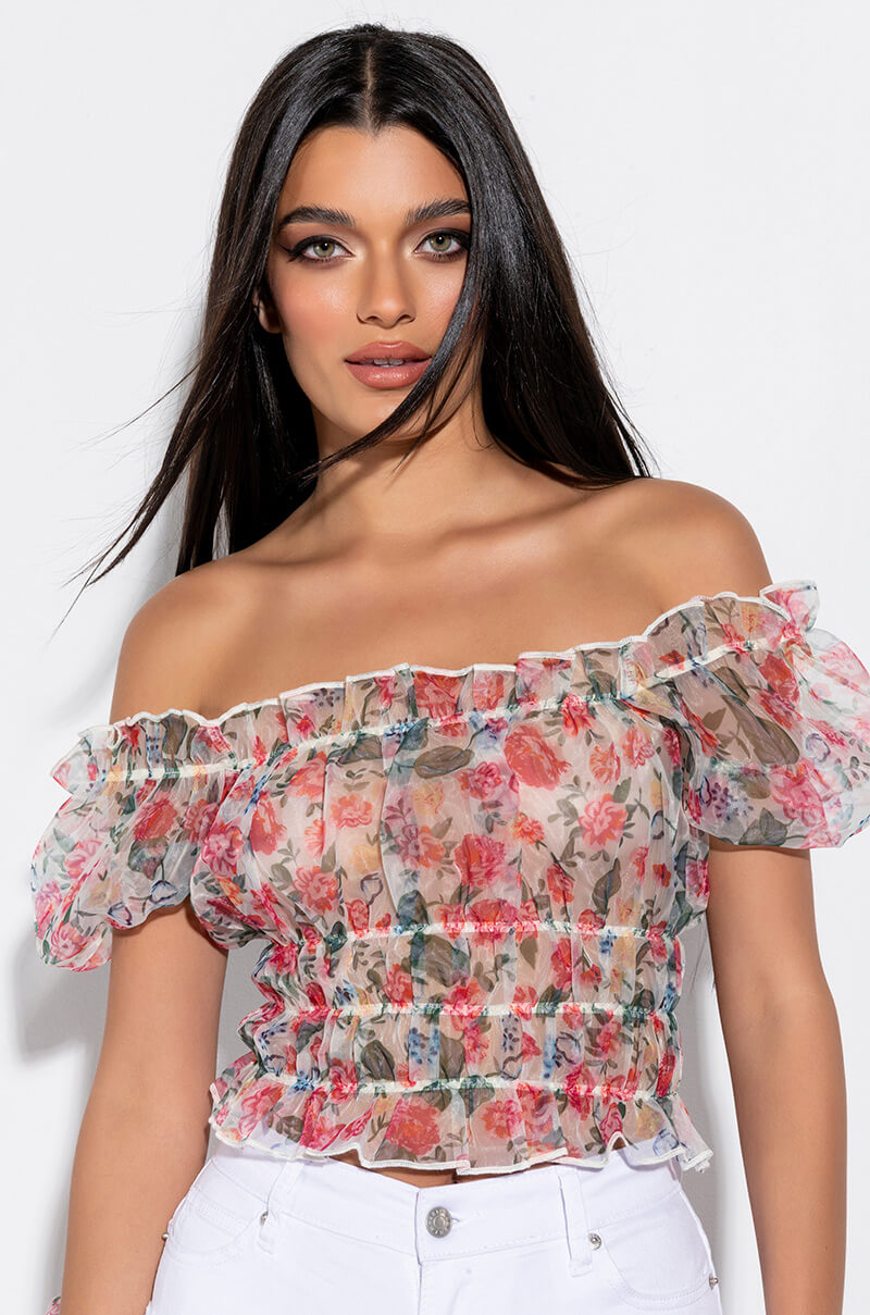 Front View Morning Glory Puff Sleeve Blouse