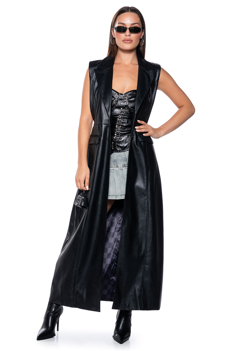 Front View Morpheus Faux Leather Longline Vest 0