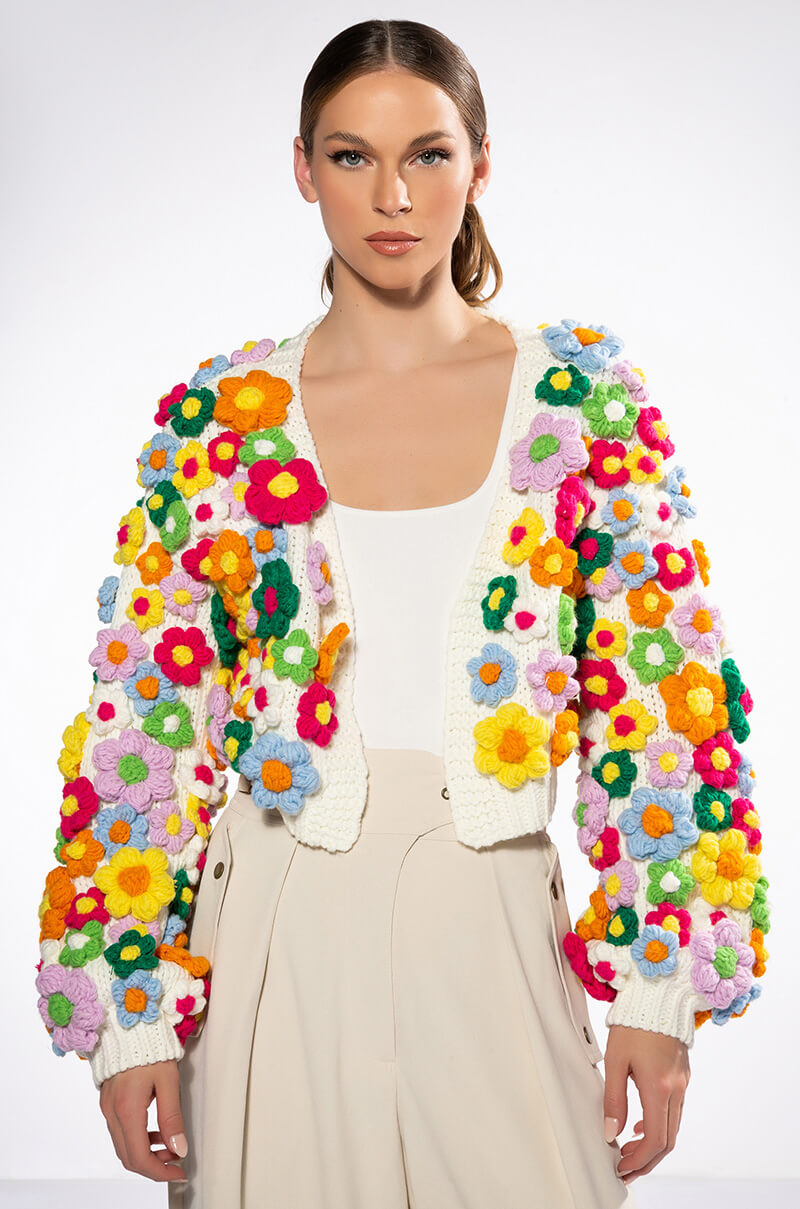 Front View Mother Nature Flower Detail Cardigan