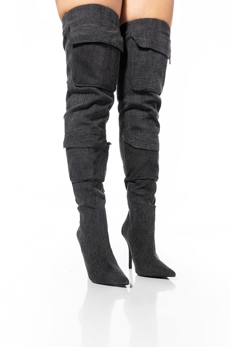 Front View Motofox Stiletto Over The Knee Boot In Black Denim