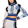 Front View Motor Club Knit Zip Up Crop Top