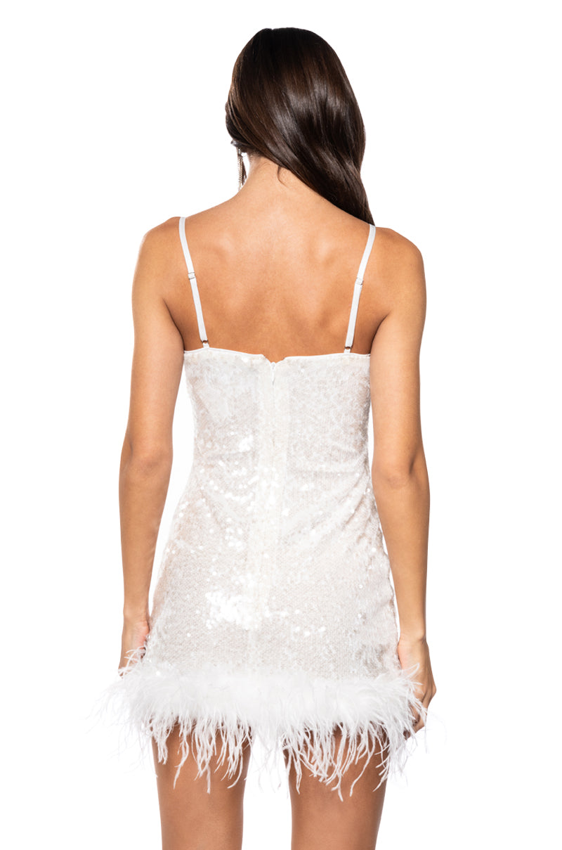 Detail View Move All Night Sequin Feather Trim Mini Dress