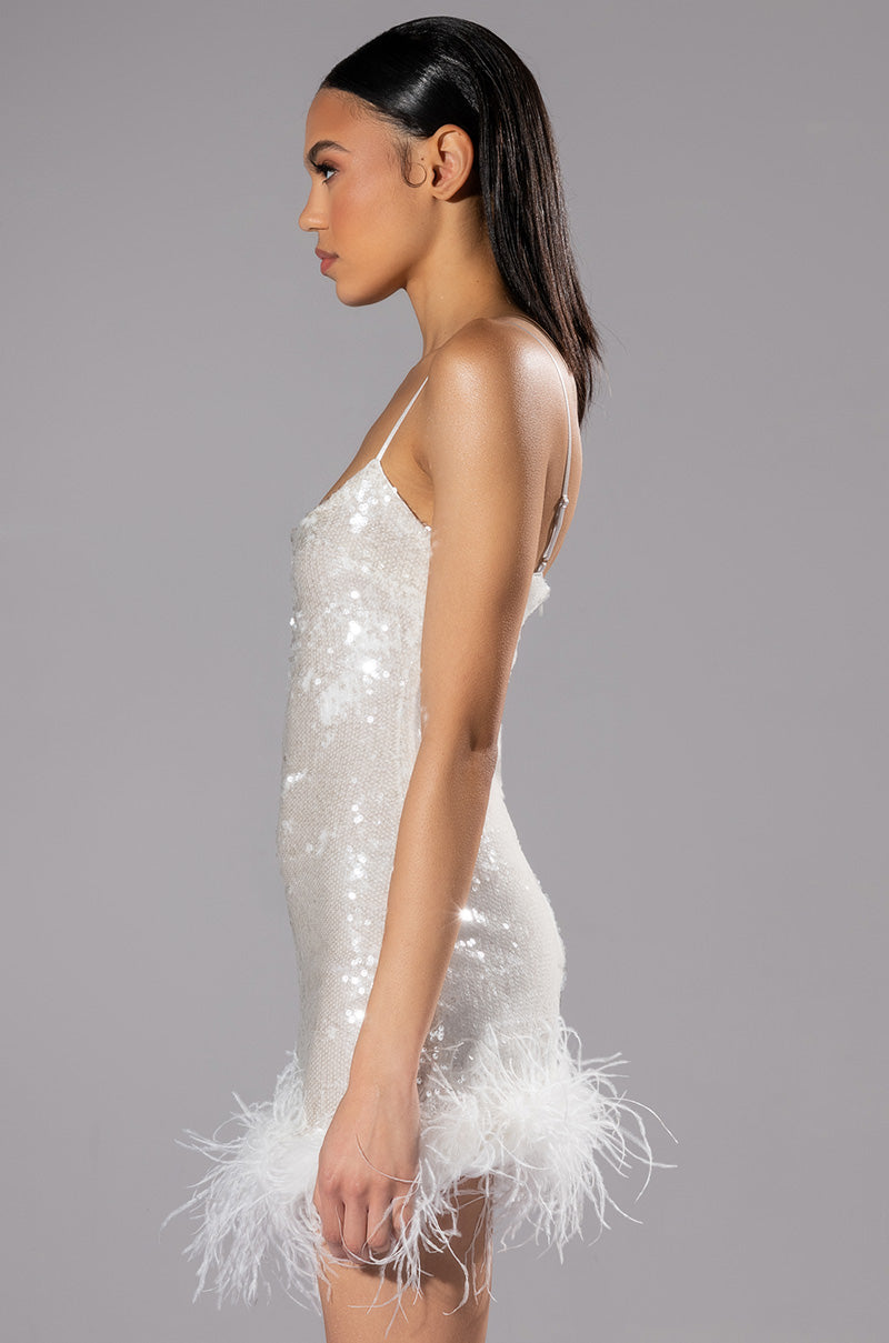 Full View Move All Night Sequin Feather Trim Mini Dress
