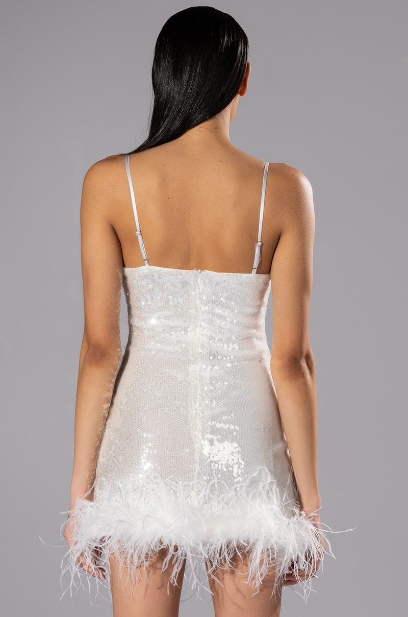 Extra View Move All Night Sequin Feather Trim Mini Dress