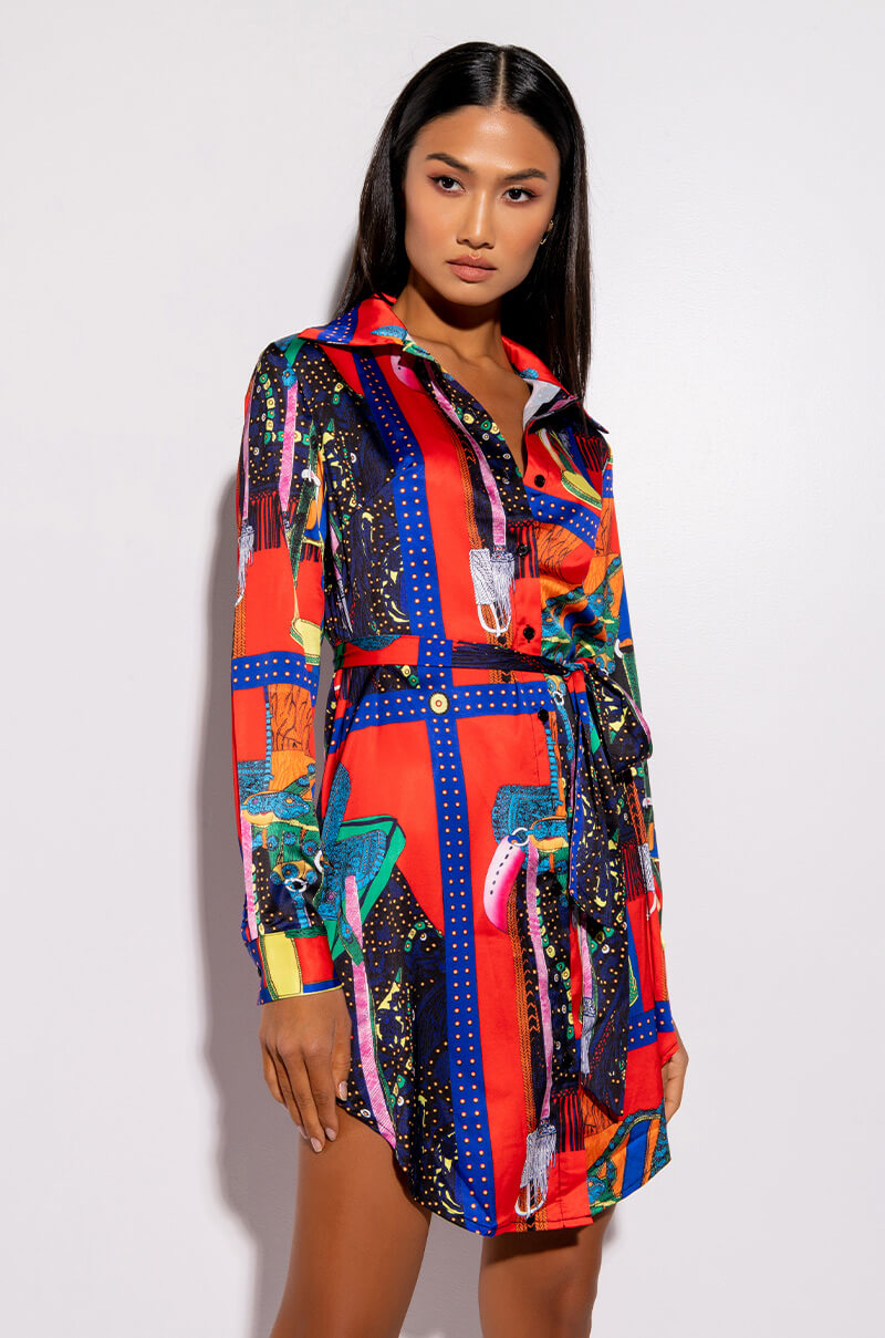 Front View Move Along Satin Scarf Print Mini Dress